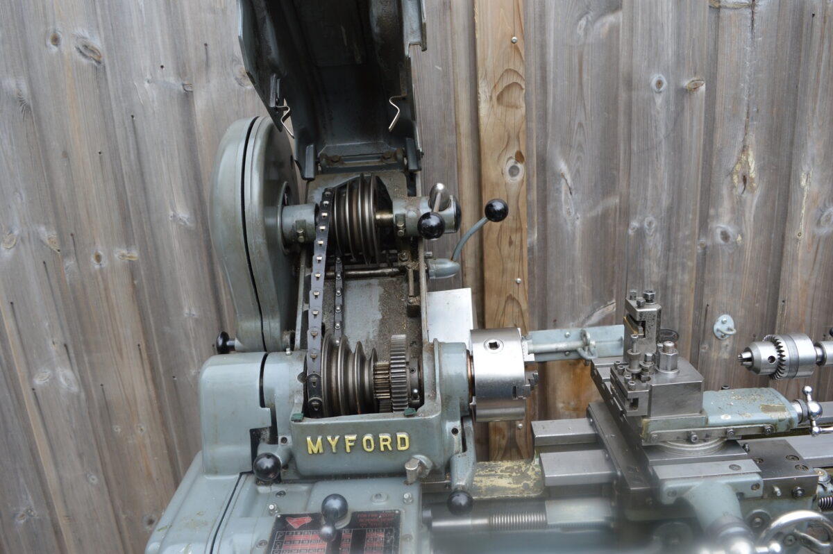 Myford Super 7 with Gearbox Mounted on Wooden Cabinet Stand, Tooling, 1ph, 80217363 - Image 6